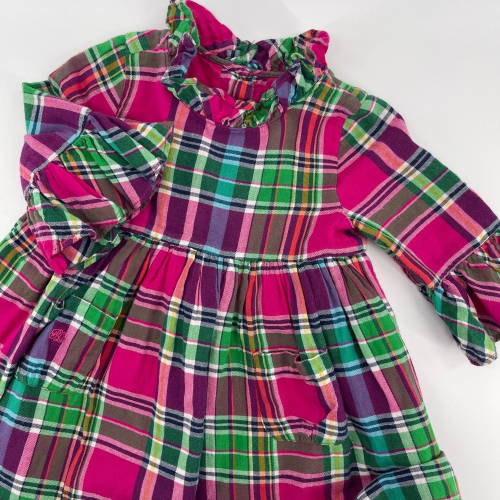 Ralph Lauren‎ Girls Plaid Ruffle Dress Long Sleeve Pink Green 12M